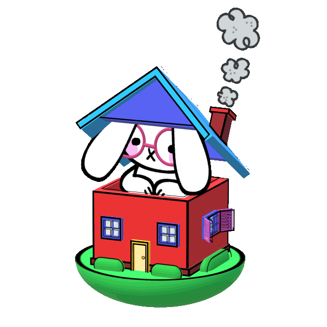 a 3d model of a giant rabbit sitting in a brightly colored house with the roof on it's head like a hat