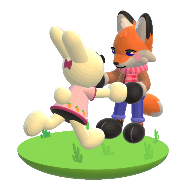 a 3d model scene of Bunny is running to reunite with Fox after being a part for a long time